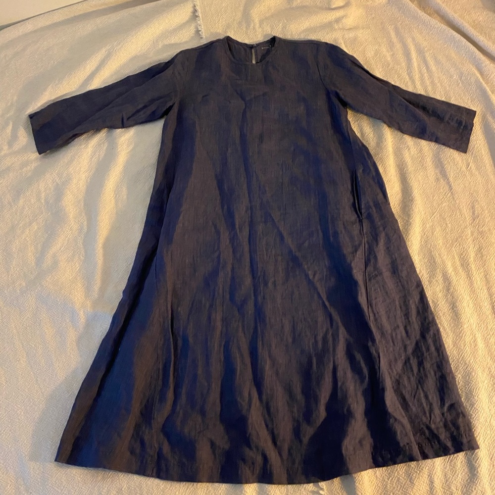 Muji L/S Linen Dress Indigo Blue 100% Linen size Small S
